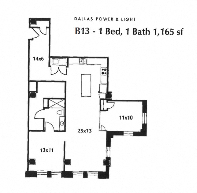 Floor plan for 1 bed, 1 bath, 1165 sqft